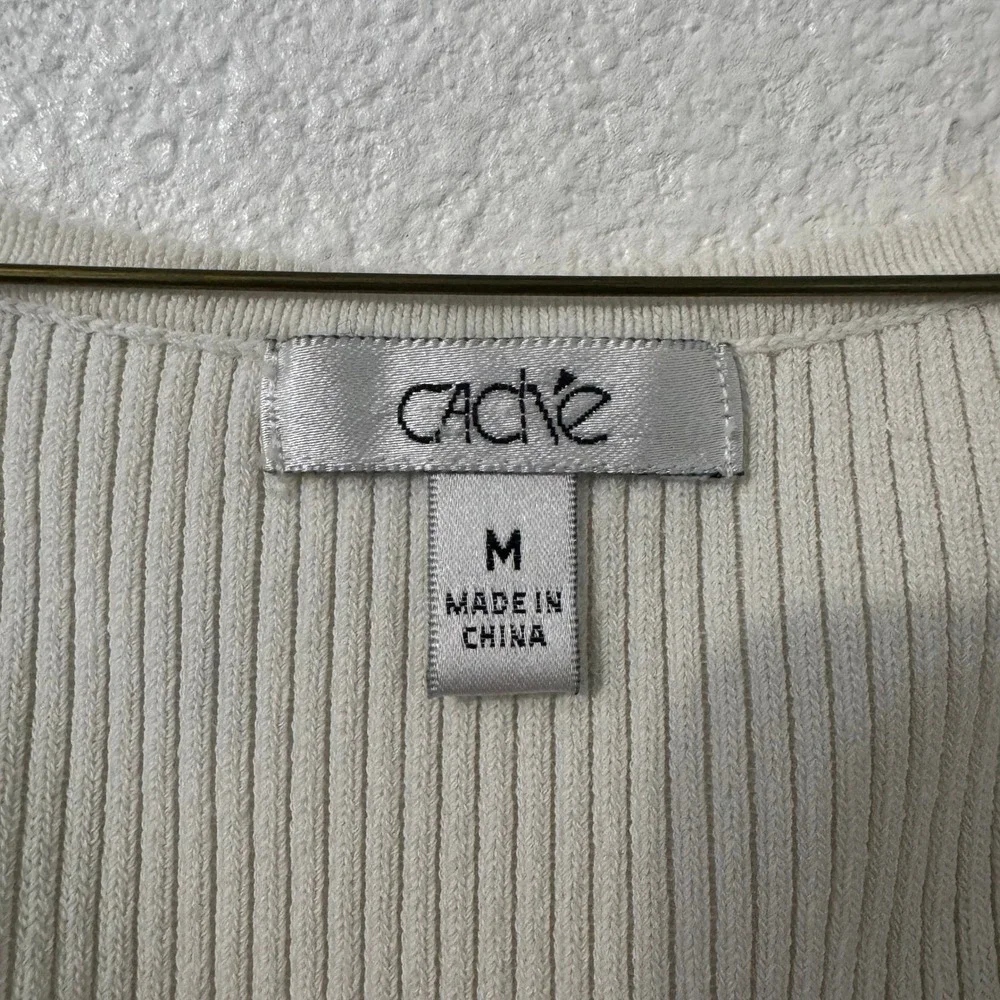 VTG Cache Tank Top Womens M Ivory Ribbed Knit Beaded V-Neck Sleeveless‎ Cocktail